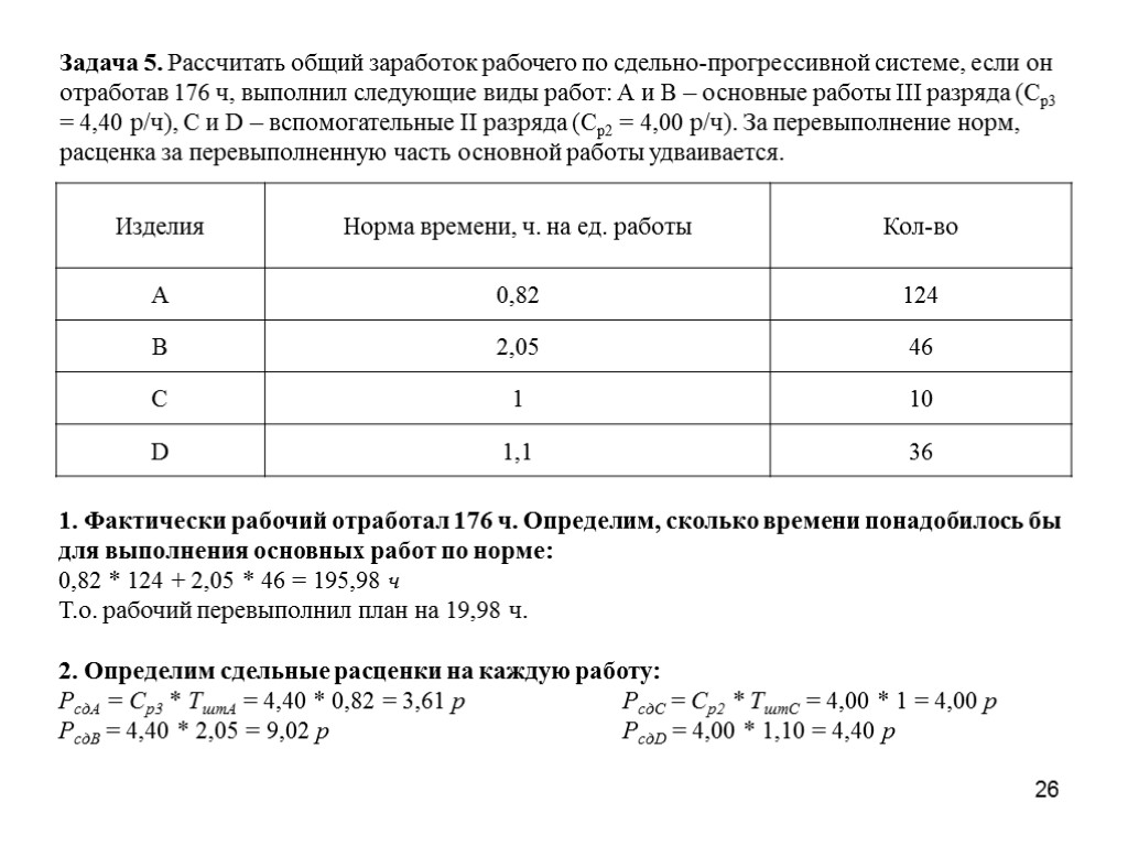 26 Задача 5. Рассчитать общий заработок рабочего по сдельно-прогрессивной системе, если он отработав 176